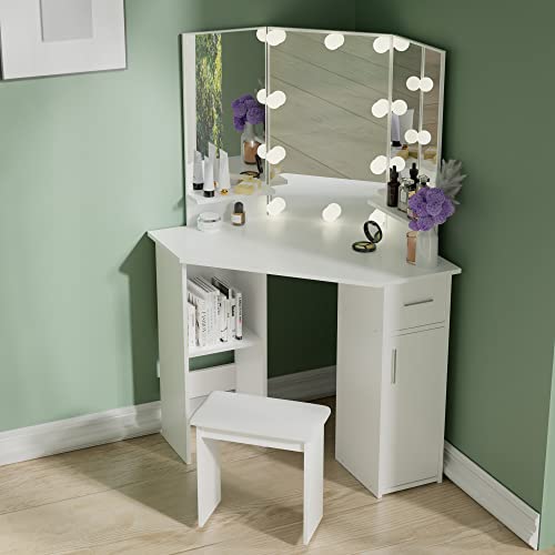 Cozy Castle Corner Vanity Set, Makeup Vanity Desk with Mirror and Lights, Vanity Table with Drawer and Adjustable Shelf for Bedroom, White