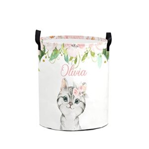 floral cat soft pink personalized laundry basket clothes hamper with handles waterproof,collapsible laundry storage baskets for bathroom,bedroom decorative