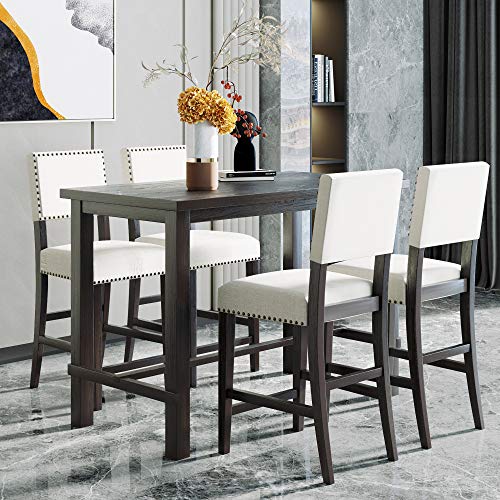 Woanke 5-Piece Counter Height Dining Set, Include Classic Elegant Table and 4 Upholstered Chairs, Breakfast Nook, Bar, Living Room, Home, Beige+Black, Espresso Wood 5pcs