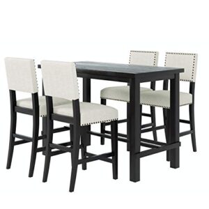 Woanke 5-Piece Counter Height Dining Set, Include Classic Elegant Table and 4 Upholstered Chairs, Breakfast Nook, Bar, Living Room, Home, Beige+Black, Espresso Wood 5pcs