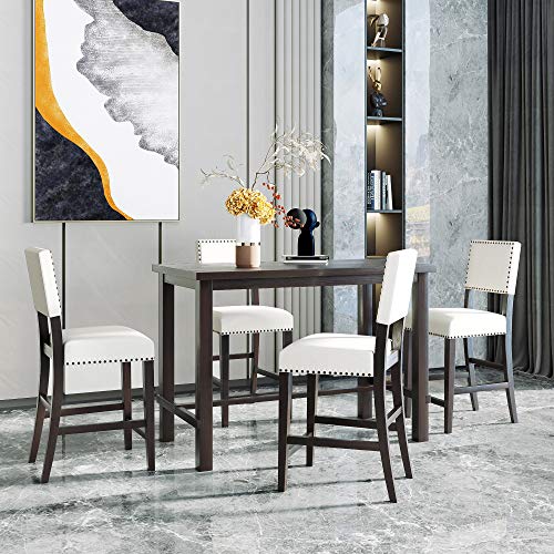 Woanke 5-Piece Counter Height Dining Set, Include Classic Elegant Table and 4 Upholstered Chairs, Breakfast Nook, Bar, Living Room, Home, Beige+Black, Espresso Wood 5pcs