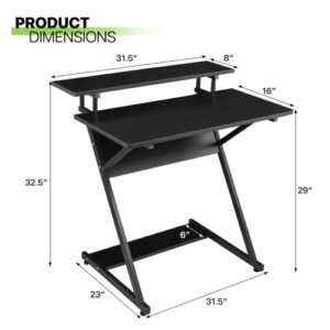 Magshion Computer Desk with Monitor Shelf 3 Tier Z-Shape Leg Frame Black Home Office Writing Study Black Table Workstation Table