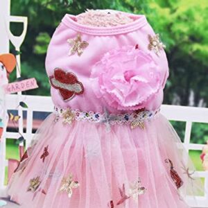 QWINEE Sequin Patch & Flower Decor Dog Dress Cat Puppy Sleeveless Mesh Princess Dress Breathable Soft Bling Pet Tutu Skirt Dresses for Small Medium Large Dogs Cats Kitten Light Pink S