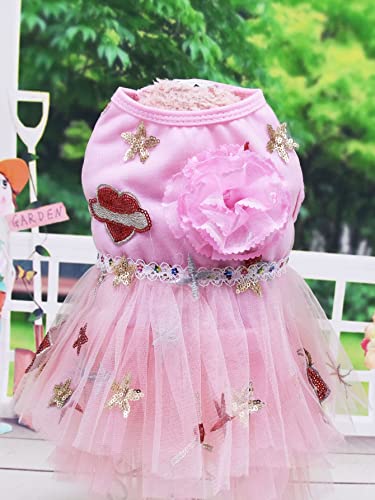 QWINEE Sequin Patch & Flower Decor Dog Dress Cat Puppy Sleeveless Mesh Princess Dress Breathable Soft Bling Pet Tutu Skirt Dresses for Small Medium Large Dogs Cats Kitten Light Pink S