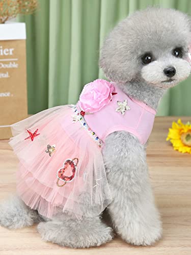 QWINEE Sequin Patch & Flower Decor Dog Dress Cat Puppy Sleeveless Mesh Princess Dress Breathable Soft Bling Pet Tutu Skirt Dresses for Small Medium Large Dogs Cats Kitten Light Pink S