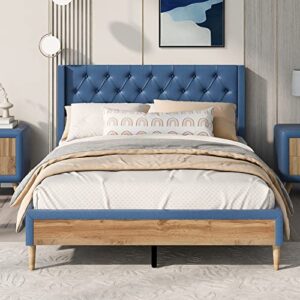 lifeand full size upholstered platform bed with rubber wood legs,no box spring needed, linen fabric,blue