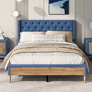 Lifeand Full Size Upholstered Platform Bed with Rubber Wood Legs,No Box Spring Needed, Linen Fabric,Blue