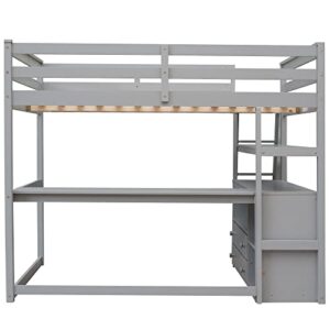 ODC Full Size Loft Bed with Desk and Shelves, Solid Wood Loft Bed Frame with 2 Storage Drawers for Teens,Boys, Girls, Adults, No Box Spring Needed