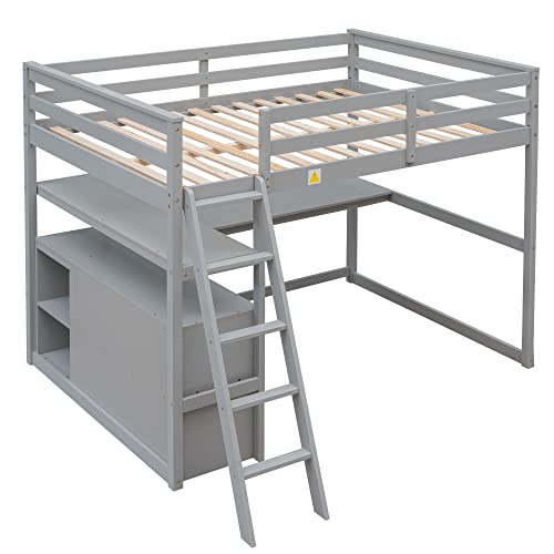 ODC Full Size Loft Bed with Desk and Shelves, Solid Wood Loft Bed Frame with 2 Storage Drawers for Teens,Boys, Girls, Adults, No Box Spring Needed