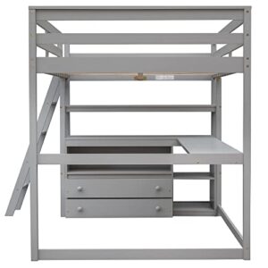 ODC Full Size Loft Bed with Desk and Shelves, Solid Wood Loft Bed Frame with 2 Storage Drawers for Teens,Boys, Girls, Adults, No Box Spring Needed