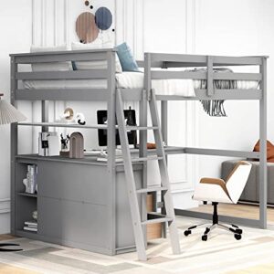 ODC Full Size Loft Bed with Desk and Shelves, Solid Wood Loft Bed Frame with 2 Storage Drawers for Teens,Boys, Girls, Adults, No Box Spring Needed