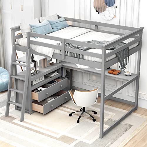 ODC Full Size Loft Bed with Desk and Shelves, Solid Wood Loft Bed Frame with 2 Storage Drawers for Teens,Boys, Girls, Adults, No Box Spring Needed