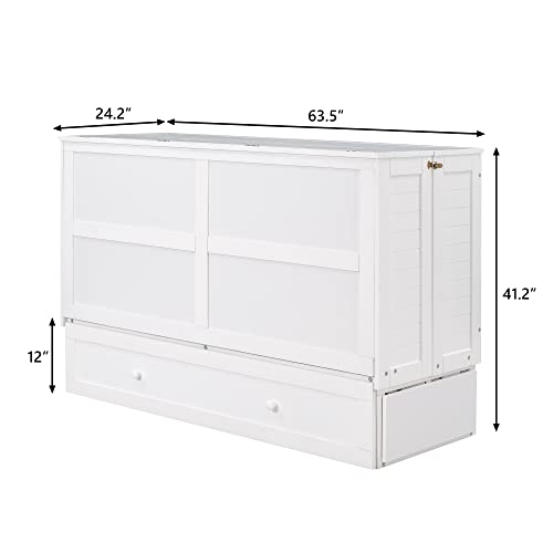 Queen Size Mobile Murphy Bed with Drawer, Solid Wood Murphy Bed Chest with Side Little Shelves , Foldable Platform Murphy Cube Cabinet Bed for Guest Room Home Office