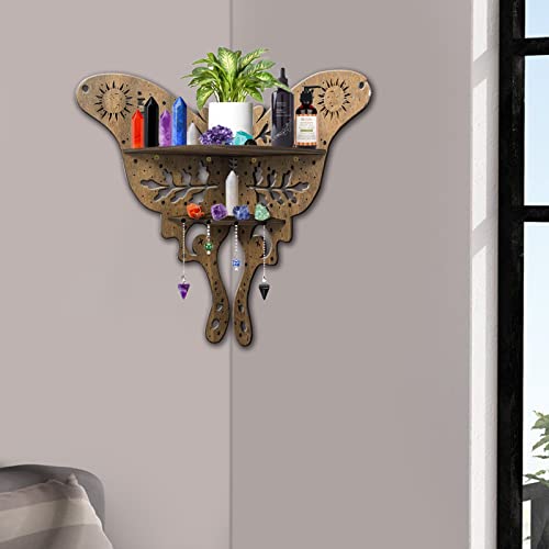 Corner Shelf Wall Mount - 2 Tier Large 17” Crystal Shelf Display - Moth Floating Shelves Wall Shelf - Boho Butterfly Moon & Star Design Spiritual Gift Zen Decor Yoga Corner Decor Home Bedroom Office