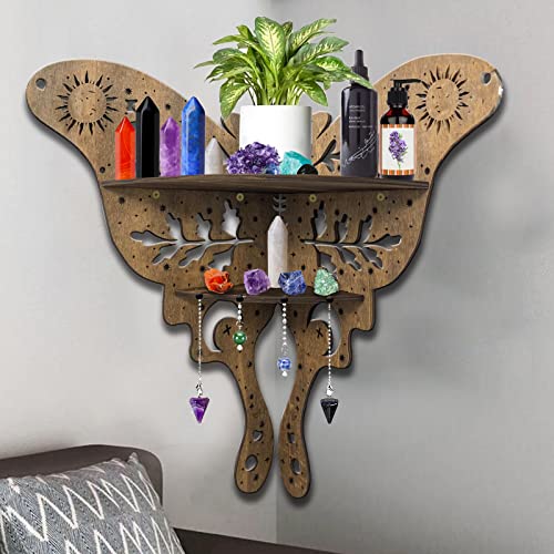 Corner Shelf Wall Mount - 2 Tier Large 17” Crystal Shelf Display - Moth Floating Shelves Wall Shelf - Boho Butterfly Moon & Star Design Spiritual Gift Zen Decor Yoga Corner Decor Home Bedroom Office