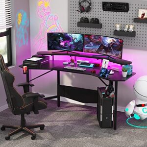 pakasept gaming desk with led lights, 70.9” large wing-shaped desk, carbon fiber surface gaming table with monitor stand, headphone hanger & cup holder & dual slots