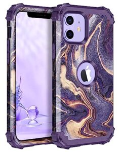 lontect for iphone 12 case/iphone 12 pro case shockproof 3 in 1 heavy duty hybrid sturdy high impact rugged durable protective cover girls women case for apple iphone 12/12 pro,marble/dark purple