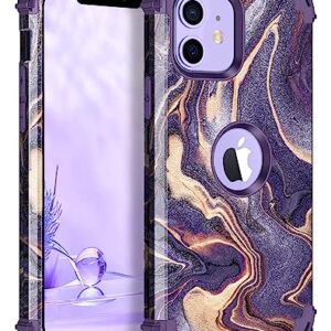 LONTECT for iPhone 12 Case/iPhone 12 Pro Case Shockproof 3 in 1 Heavy Duty Hybrid Sturdy High Impact Rugged Durable Protective Cover Girls Women Case for Apple iPhone 12/12 Pro,Marble/Dark Purple