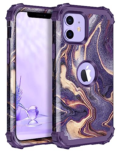 LONTECT for iPhone 12 Case/iPhone 12 Pro Case Shockproof 3 in 1 Heavy Duty Hybrid Sturdy High Impact Rugged Durable Protective Cover Girls Women Case for Apple iPhone 12/12 Pro,Marble/Dark Purple