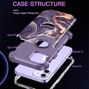 LONTECT for iPhone 12 Case/iPhone 12 Pro Case Shockproof 3 in 1 Heavy Duty Hybrid Sturdy High Impact Rugged Durable Protective Cover Girls Women Case for Apple iPhone 12/12 Pro,Marble/Dark Purple