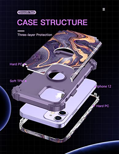 LONTECT for iPhone 12 Case/iPhone 12 Pro Case Shockproof 3 in 1 Heavy Duty Hybrid Sturdy High Impact Rugged Durable Protective Cover Girls Women Case for Apple iPhone 12/12 Pro,Marble/Dark Purple