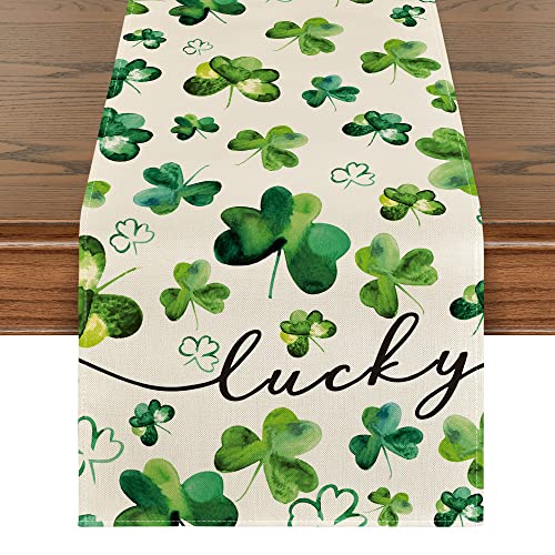 Artoid Mode Shamrock Lucky St. Patrick's Day Table Runner, Spring Holiday Kitchen Dining Table Decor for Indoor Outdoor Home Party Decor 13 x 72 Inch