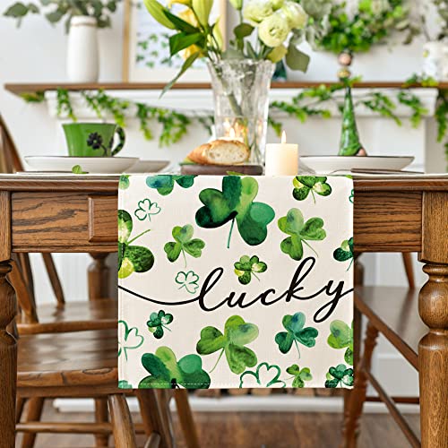 Artoid Mode Shamrock Lucky St. Patrick's Day Table Runner, Spring Holiday Kitchen Dining Table Decor for Indoor Outdoor Home Party Decor 13 x 72 Inch