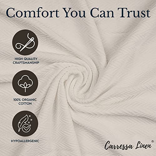 Carressa Linen Pure Cotton, Luxury King Size Sand Blanket Herringbone Pattern, Lightweight, Soft & Cozy Premium Fall Throw Blanket for All Seasons, 350GSM & 106X92 with Free Cotton Pouch