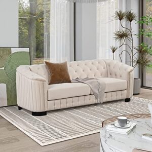 merax mid-century modern 3 seater sofa with thick removable seat cushion, and rubber wood legs, velvet upholstered couch for living room, bedroom, or small space, beige