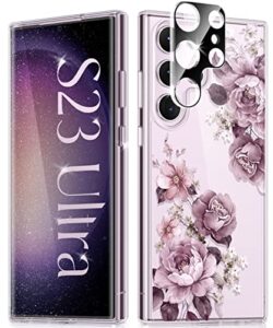 guovlin for samsung galaxy s23 ultra case 6.8", [camera lens protector] flower shockproof hard back & soft edge clear floral women protective slim bumper phone cover, 2023 (alluring purple)