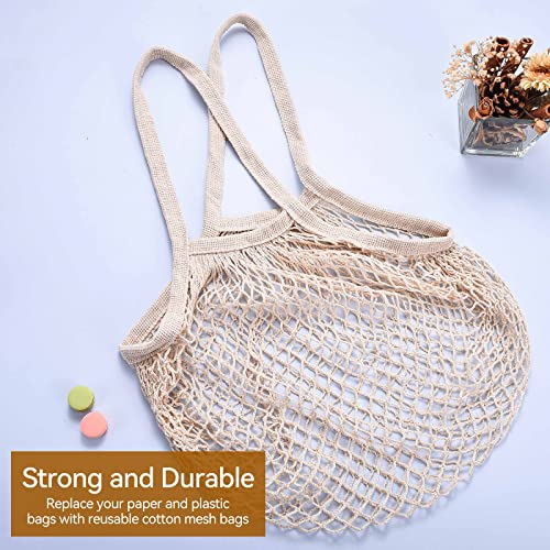 Eslazoer [2 pack completely Cotton string storage shopping bags, Ecology Reusable and washable mesh grocery bag, Portable long handle net tote beige