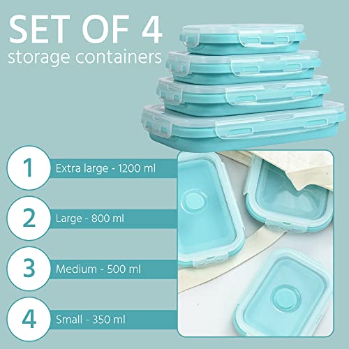 Collapsible Food Storage Containers with Lids - Silicone Container - Adjustable Food Storage Container - Bento Collapsable Lunch Box - Collapsible Camping Set - Collapsible Bowls with Lids - Meal Prep Containers Reusable - Travel Food Containers Set of 4