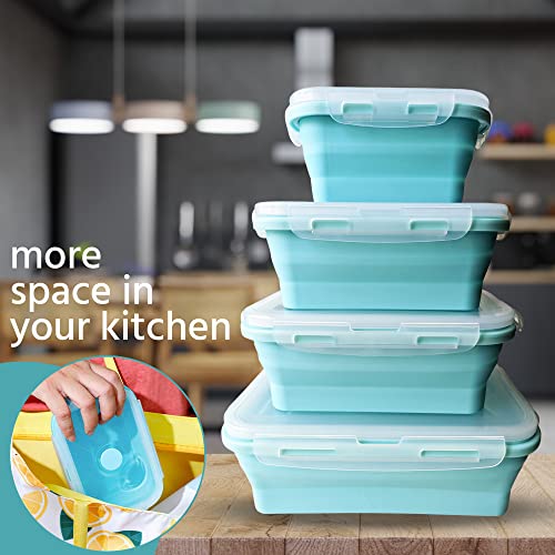 Collapsible Food Storage Containers with Lids - Silicone Container - Adjustable Food Storage Container - Bento Collapsable Lunch Box - Collapsible Camping Set - Collapsible Bowls with Lids - Meal Prep Containers Reusable - Travel Food Containers Set of 4