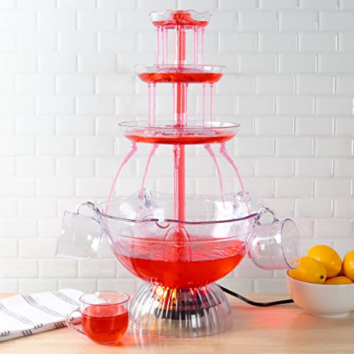 3-Tier Party Drink Dispenser – 1.5-Gallon Punch Fountain with LED Light Base and 5 Cups – Juice, Soda, or Mimosa Tower by Great Northern Party, Red