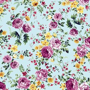 texco inc printed wool dobby watercolor flowers pattern/100% polyester no stretch chiffon woven decoration apparel home/diy fabric, mint rose 1 yard