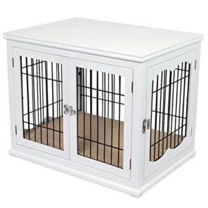 birdrock home decorative dog kennel with pet bed for small dogs - white - double door - wooden wire dog house - indoor pet dog crate side table - bed nightstand