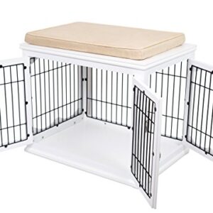 BIRDROCK HOME Decorative Dog Kennel with Pet Bed for Small Dogs - White - Double Door - Wooden Wire Dog House - Indoor Pet Dog Crate Side Table - Bed Nightstand