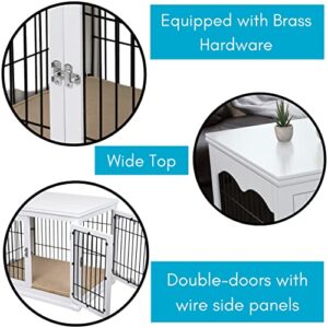 BIRDROCK HOME Decorative Dog Kennel with Pet Bed for Small Dogs - White - Double Door - Wooden Wire Dog House - Indoor Pet Dog Crate Side Table - Bed Nightstand