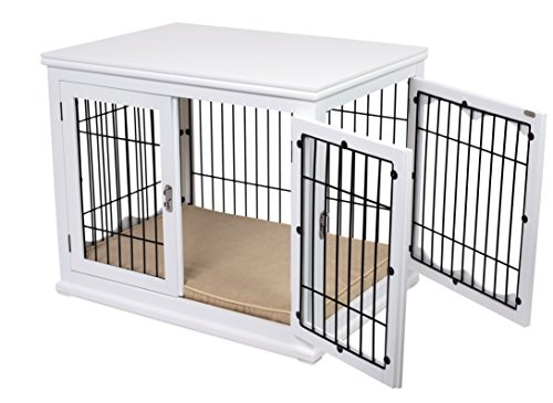BIRDROCK HOME Decorative Dog Kennel with Pet Bed for Small Dogs - White - Double Door - Wooden Wire Dog House - Indoor Pet Dog Crate Side Table - Bed Nightstand