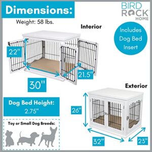 BIRDROCK HOME Decorative Dog Kennel with Pet Bed for Small Dogs - White - Double Door - Wooden Wire Dog House - Indoor Pet Dog Crate Side Table - Bed Nightstand