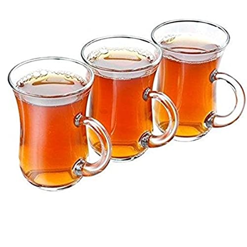 Turkish Tea Glasses With Handle - 6 pcs Tea Cups, Slim Waist Design and Thick Sole Prevent the Tea From Getting Cold, Capacity 145cc, 4 3/4 Oz, 2.5" x 4H"