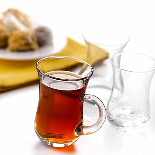 Turkish Tea Glasses With Handle - 6 pcs Tea Cups, Slim Waist Design and Thick Sole Prevent the Tea From Getting Cold, Capacity 145cc, 4 3/4 Oz, 2.5" x 4H"