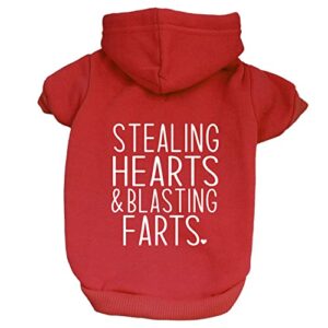 stealing hearts & blasting farts valentine's day pullover fleece lined dog hoodie with leash hole (red hooded sweatshirt)