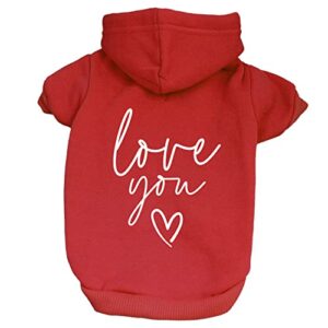 love you valentine's day pullover fleece lined dog hoodie with leash hole (red hooded sweatshirt)