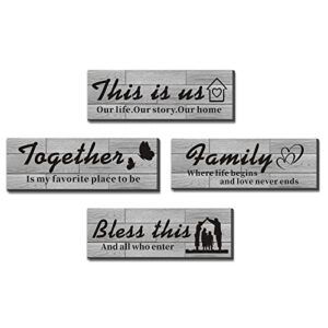 4pcs home decor signs this is us/together/family/bless this home,rustic wooden wall art decor,farmhouse wall signs for bedroom living room,4.7 x 13.8 inch (light gray)