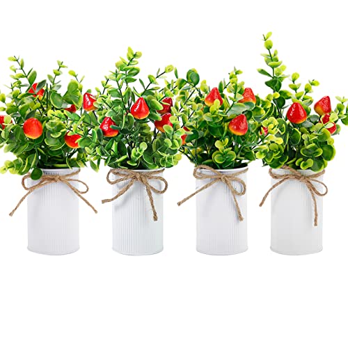 Omldggr 4 Pack Artificial Farmhouse Centerpiece Decoration Artificial Strawberry, Fake Strawberry Fruit Decoration with Metal Pot for Spring Summer Home Tiered Tray Tabletop Display