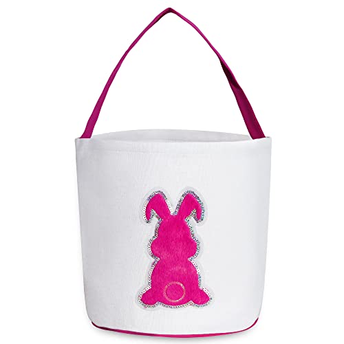 SANRUIHE Easter Basket Bunny Bags, Easter Egg Hunt Basket for Kids, Canvas Tote Candy Gifts Bags for Boys and Girls, Printed Fluffy Paillette Rabbit Bucket for Easter Decorations