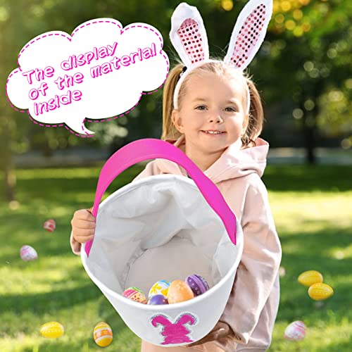 SANRUIHE Easter Basket Bunny Bags, Easter Egg Hunt Basket for Kids, Canvas Tote Candy Gifts Bags for Boys and Girls, Printed Fluffy Paillette Rabbit Bucket for Easter Decorations