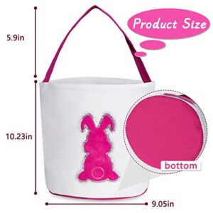 SANRUIHE Easter Basket Bunny Bags, Easter Egg Hunt Basket for Kids, Canvas Tote Candy Gifts Bags for Boys and Girls, Printed Fluffy Paillette Rabbit Bucket for Easter Decorations