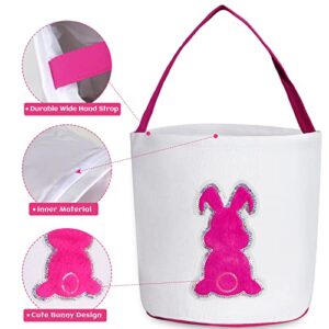 SANRUIHE Easter Basket Bunny Bags, Easter Egg Hunt Basket for Kids, Canvas Tote Candy Gifts Bags for Boys and Girls, Printed Fluffy Paillette Rabbit Bucket for Easter Decorations